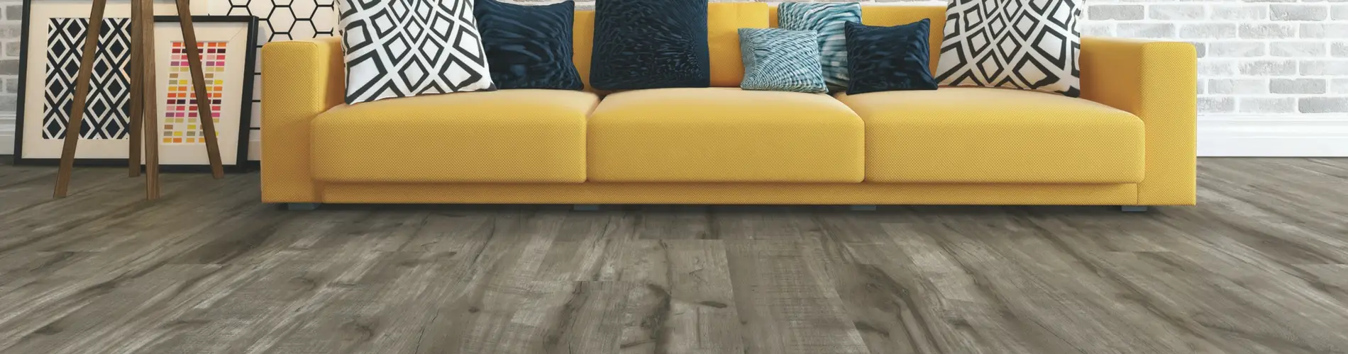 luxury vinyl flooring with yellow sofa
